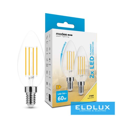 Modee LED Izzó Filament Gyertya (Candle) C35 7W E14 360° 2700K dimm. 2db/csomag