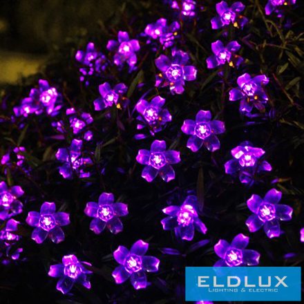 Napelemes 50 LED-es lila színű cseresznyevirág fényfüzér 5m